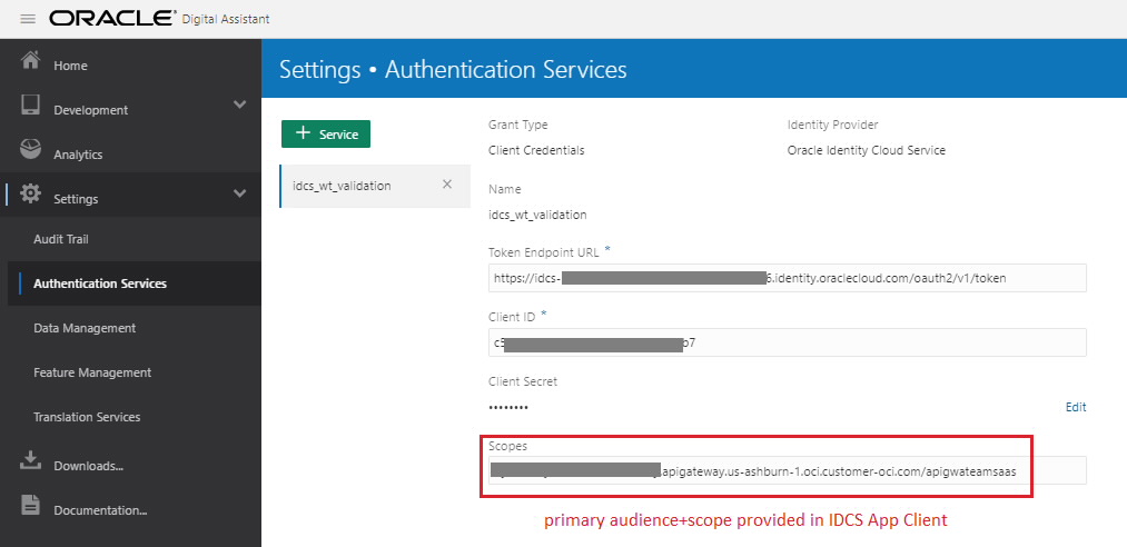 ODA Authentication Service for Client Credentials flow