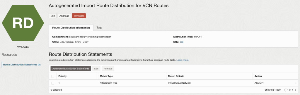 Autogenerated Import Route Distribution for VCN routes