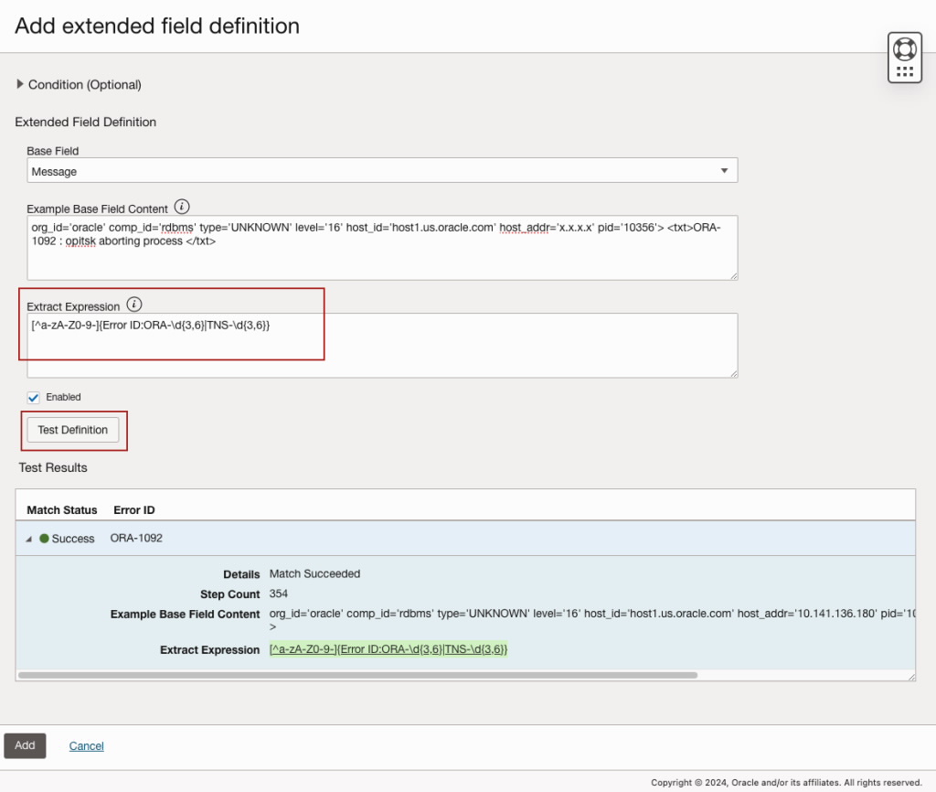 Logging Analytics Extended Field for Oracle database ORA- Error