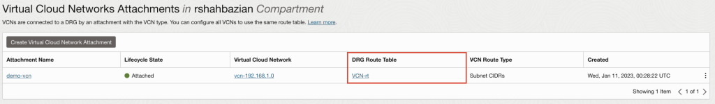 DRG Route Table validation for the VCN attachment