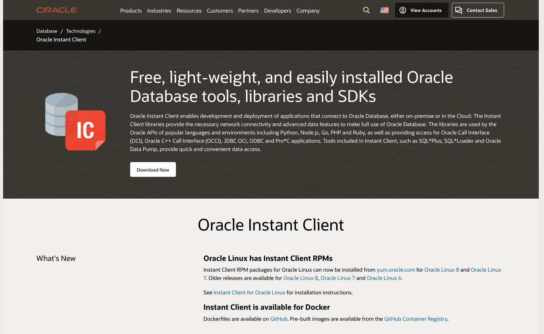 Landing Page to Download Oracle Instant Client