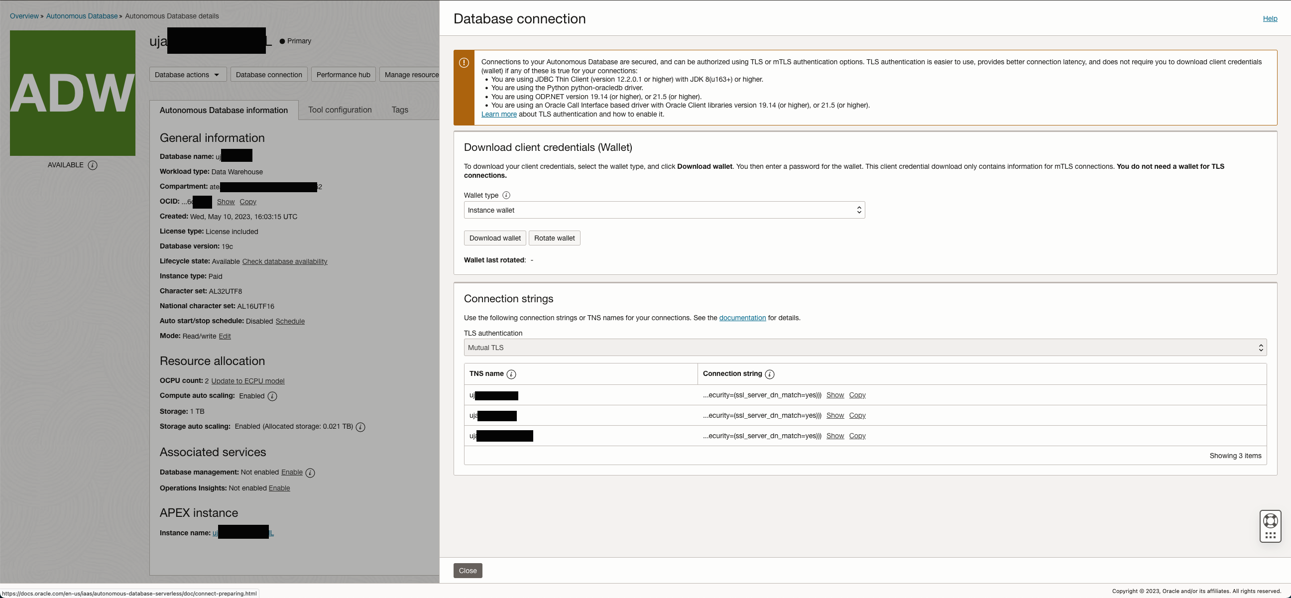 Configuration information and Wallet provisioning for TNS Connections