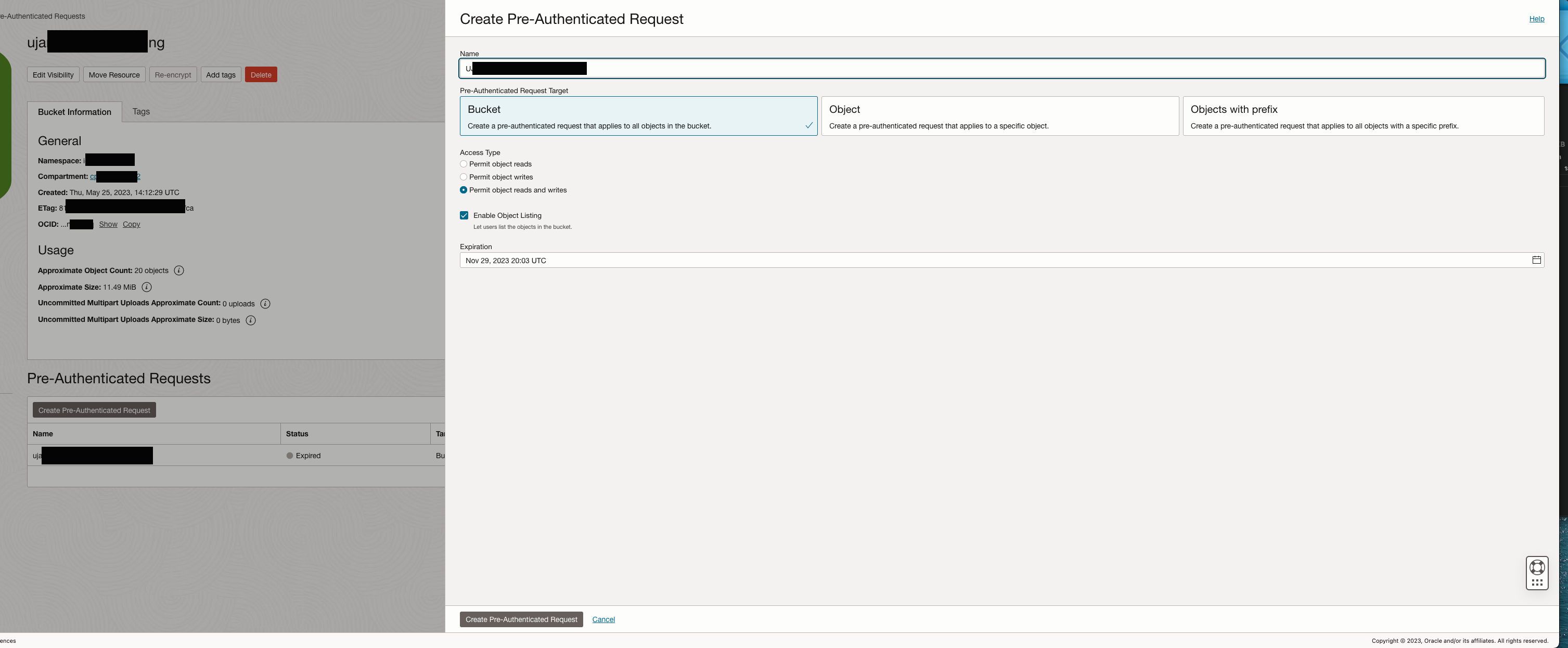 Pre Authentication Request definition for a bucket