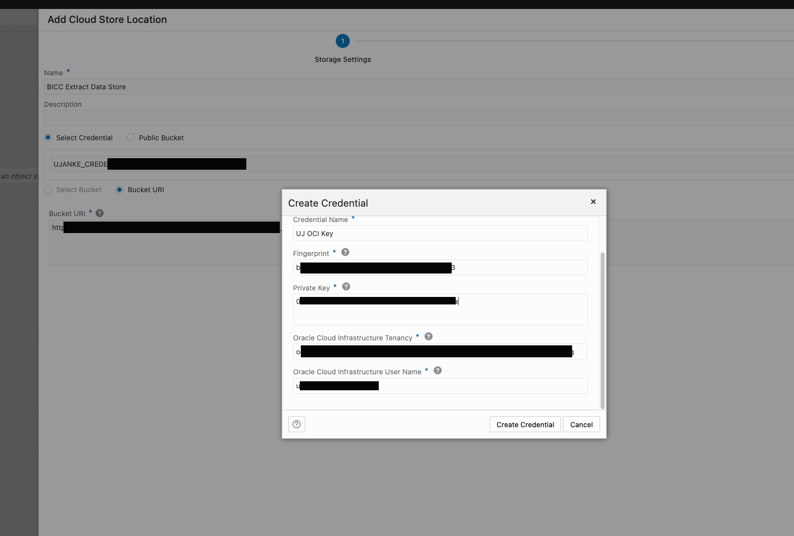 Entering Credentials for Cloud Store Location