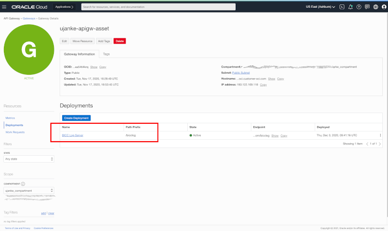 Creating an API Gateway Deployment for the REST API's provided by the BICC Log REST Server