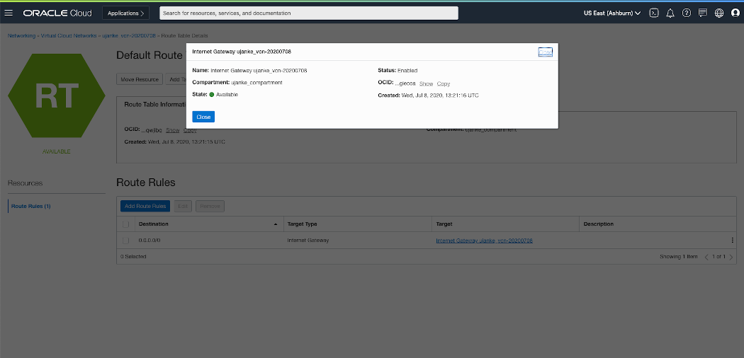 Route Rule for a VCN Internet Gateway configuration