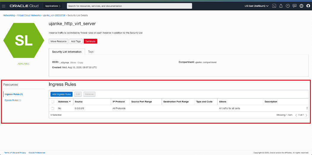 Overview of VCN Security Lists Ingress Rules configuration