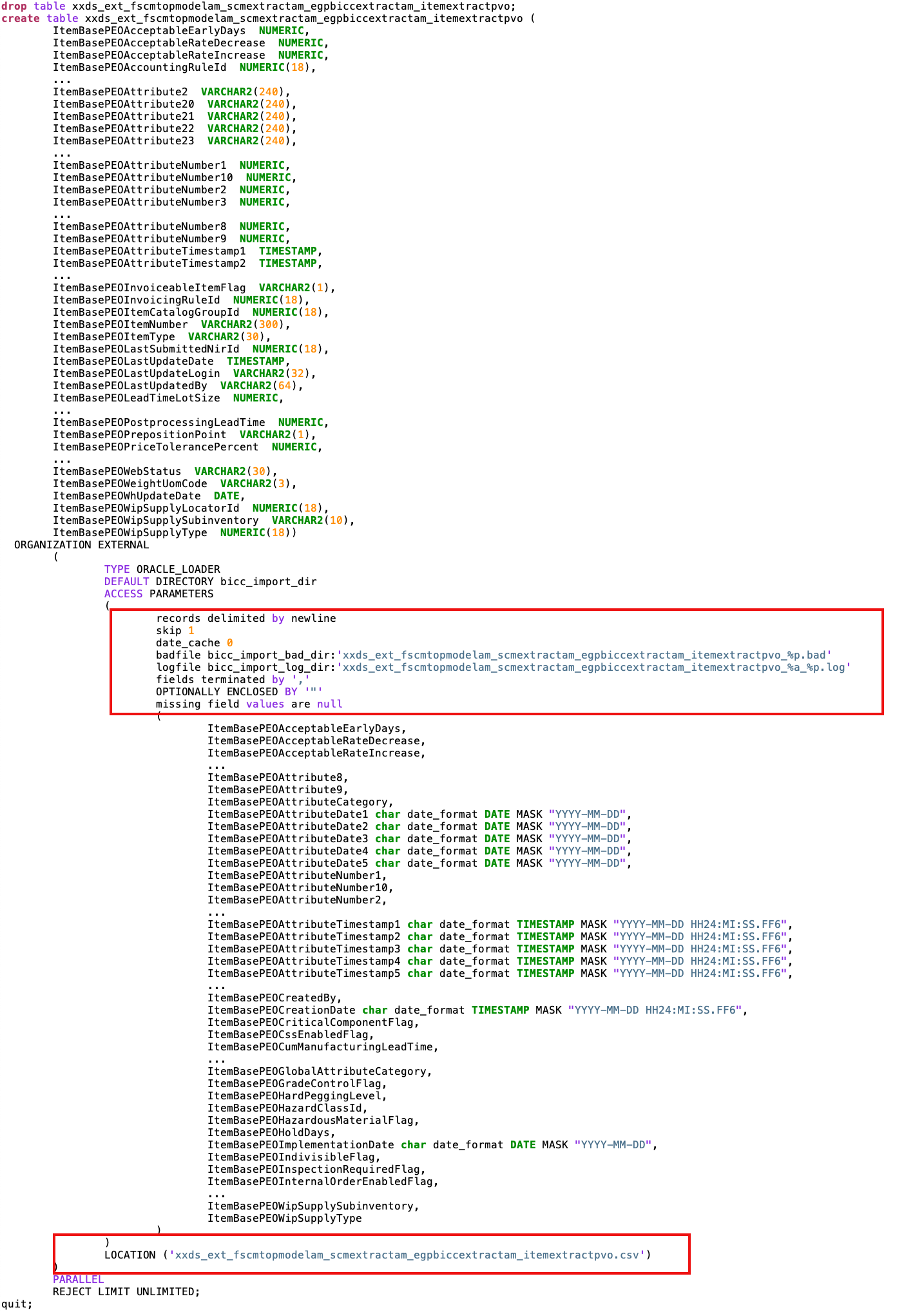 BICC Item External Table DDL