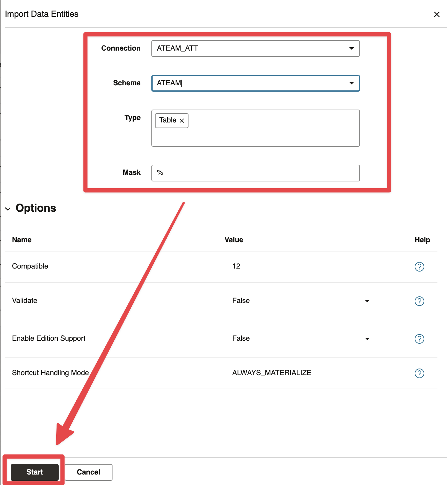 22- Select ADW Connection, schema and mask.png