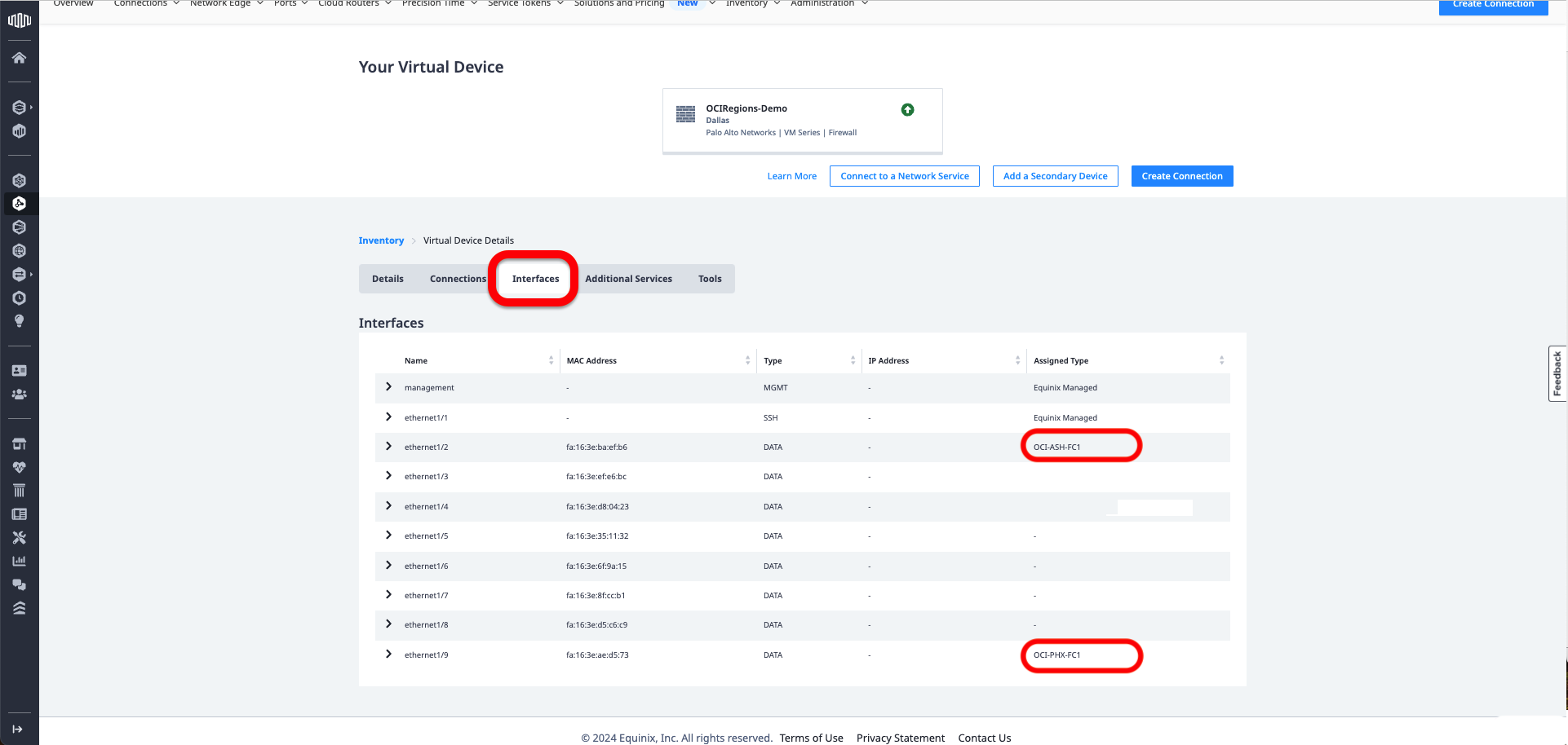 interfaces for OCI-PHX-FC1 and OCI-ASH-FC1