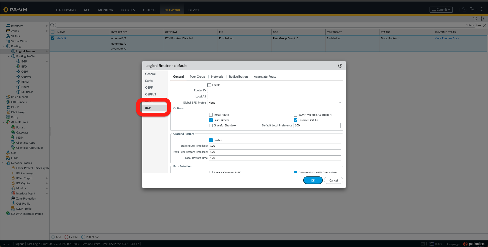 Select BGP under Logical Router