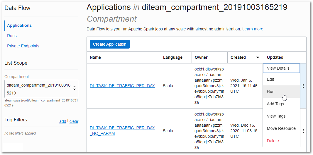 Figure 9: Review and run the OCI Data Flow application