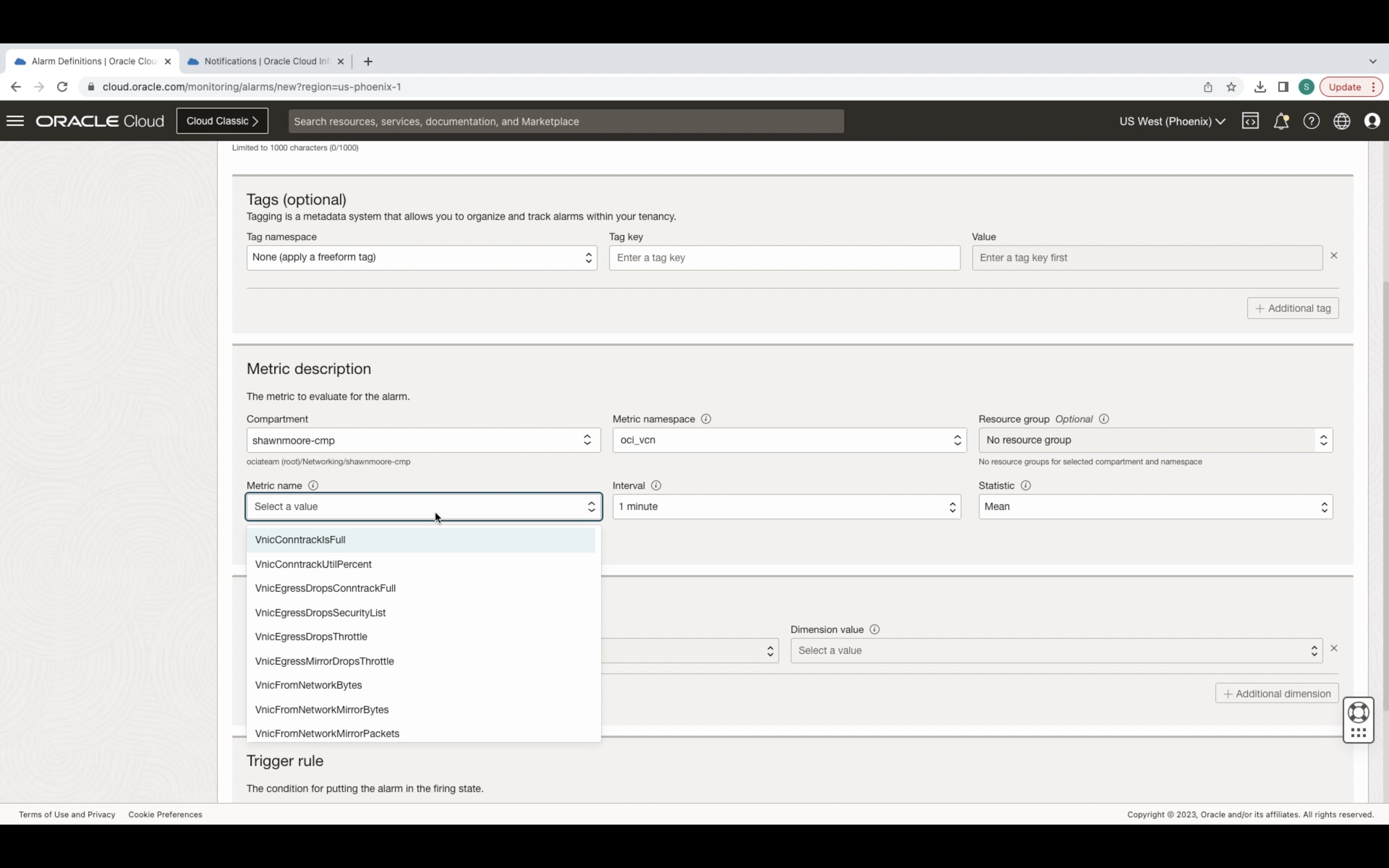 ALARM METRIC NAMESPACE