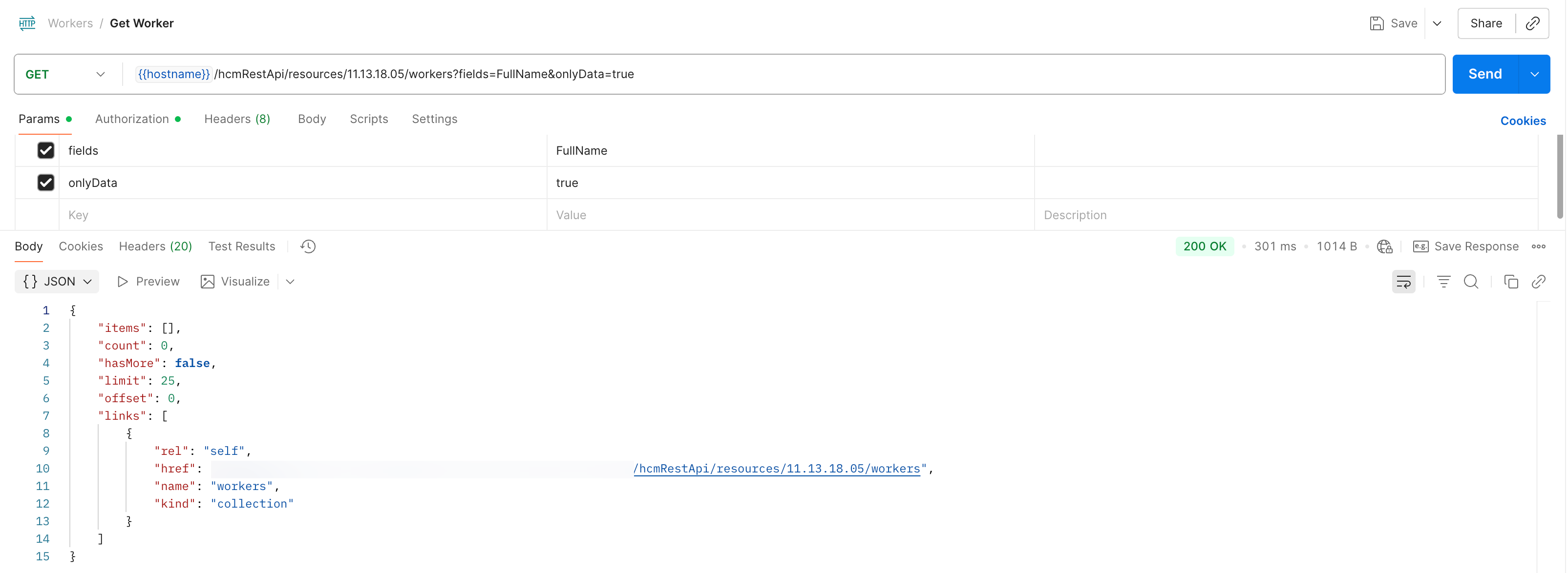 Output showing 200 OK status but no data