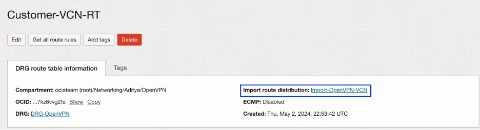 DRG Customer Route Table