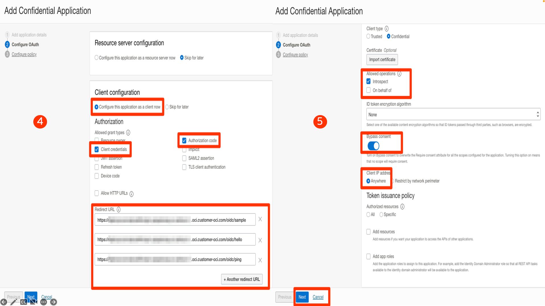 Identity domain OAuth client creation step 2