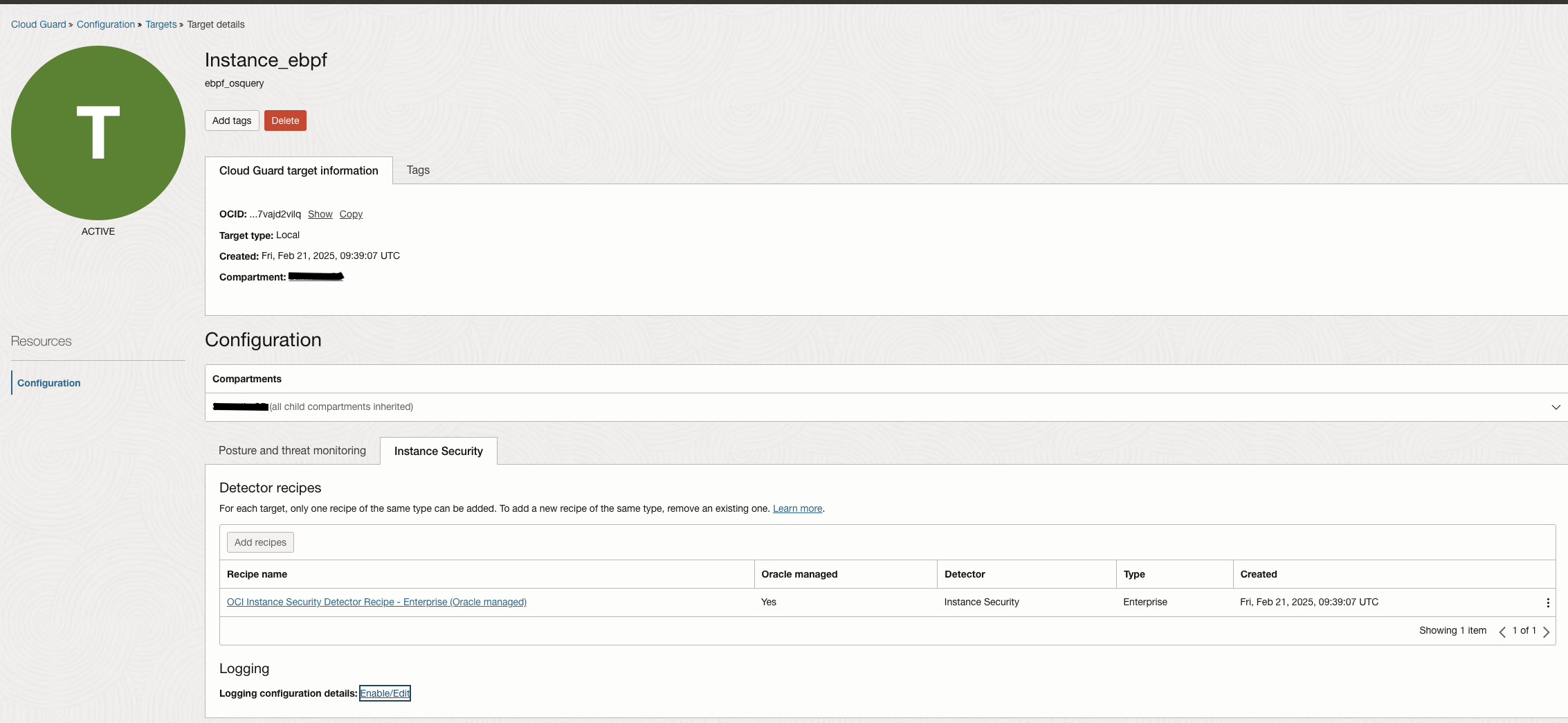 Instance Security Detector Recipe for a Target Compartment