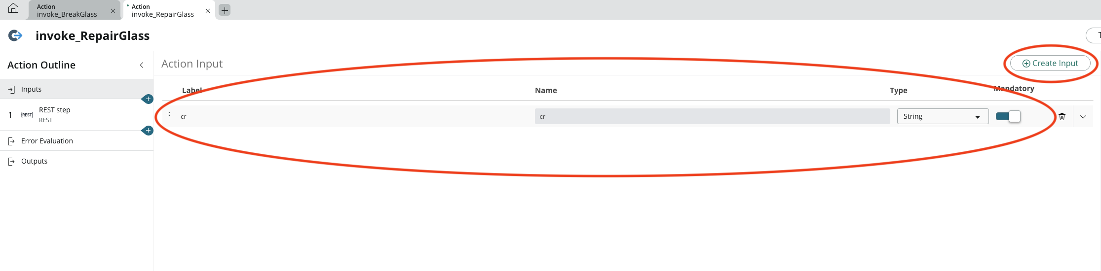 Repair-glass action input