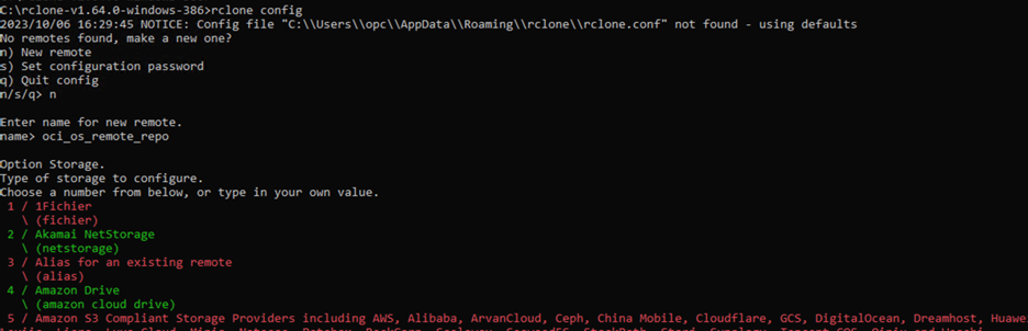 rclone configuration screen 1