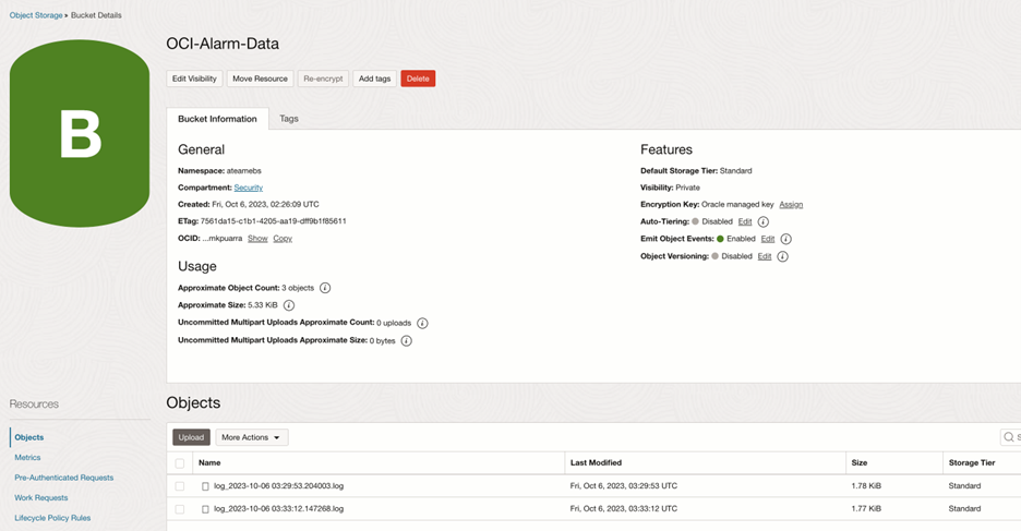 OCI Object Storage Bucket Details