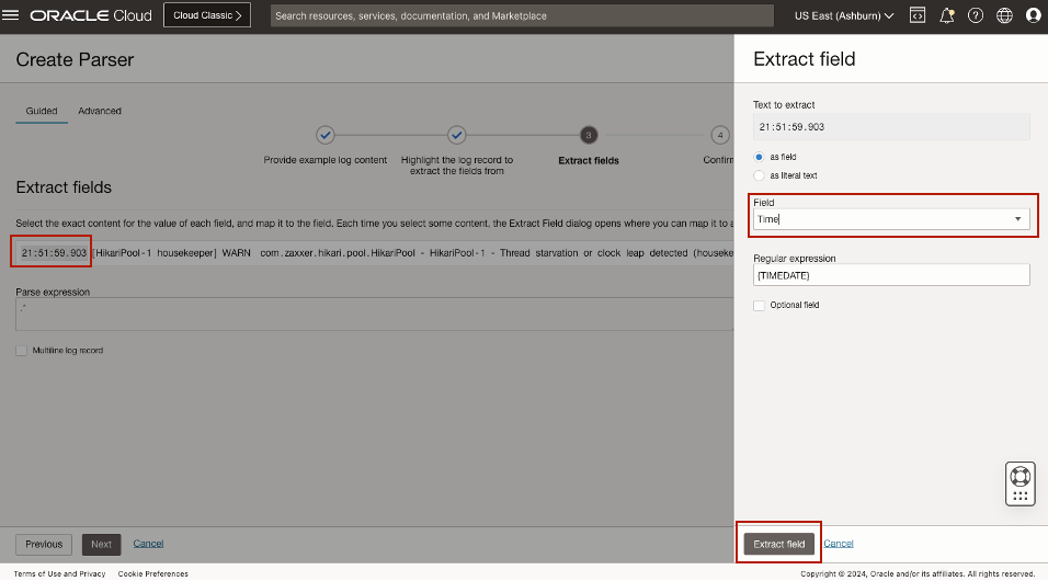 Logging Analytics Create Parser using Guided Regex Extract Fields