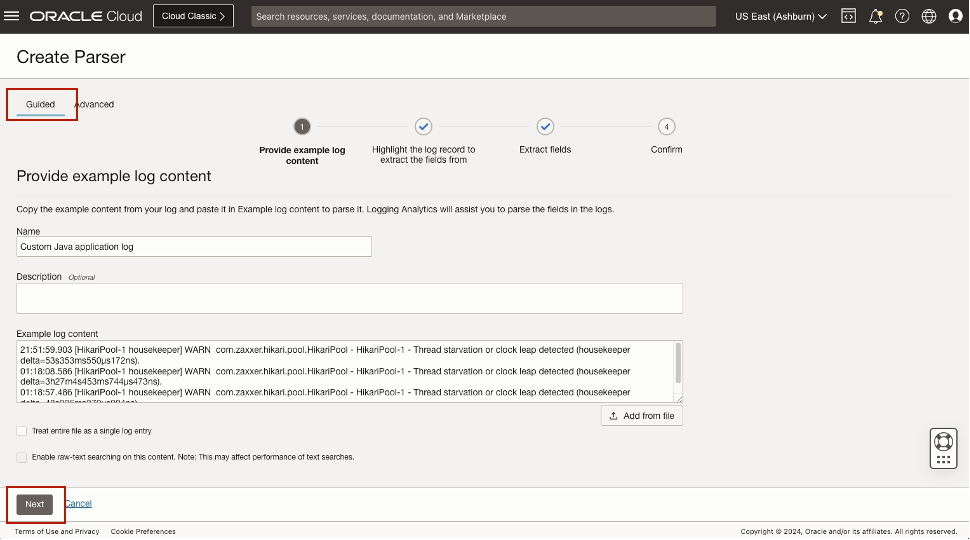 Logging Analytics Create Parser using Guided Regex