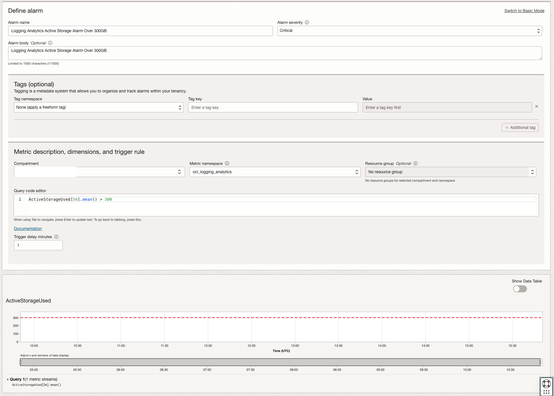 Logging Analytics Active Storage Monitoring Alarm