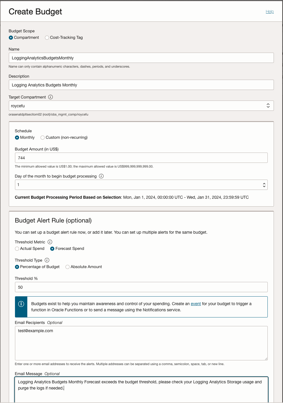 OCI Budget Management for Logging Analytics