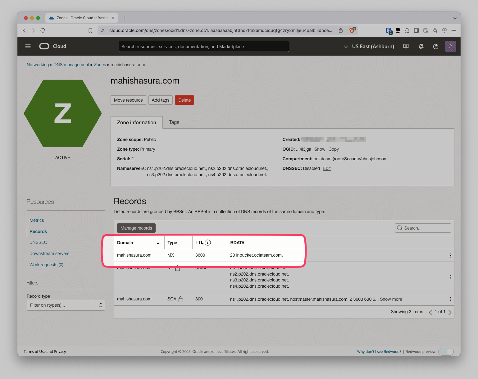 MX record in OCI DNS