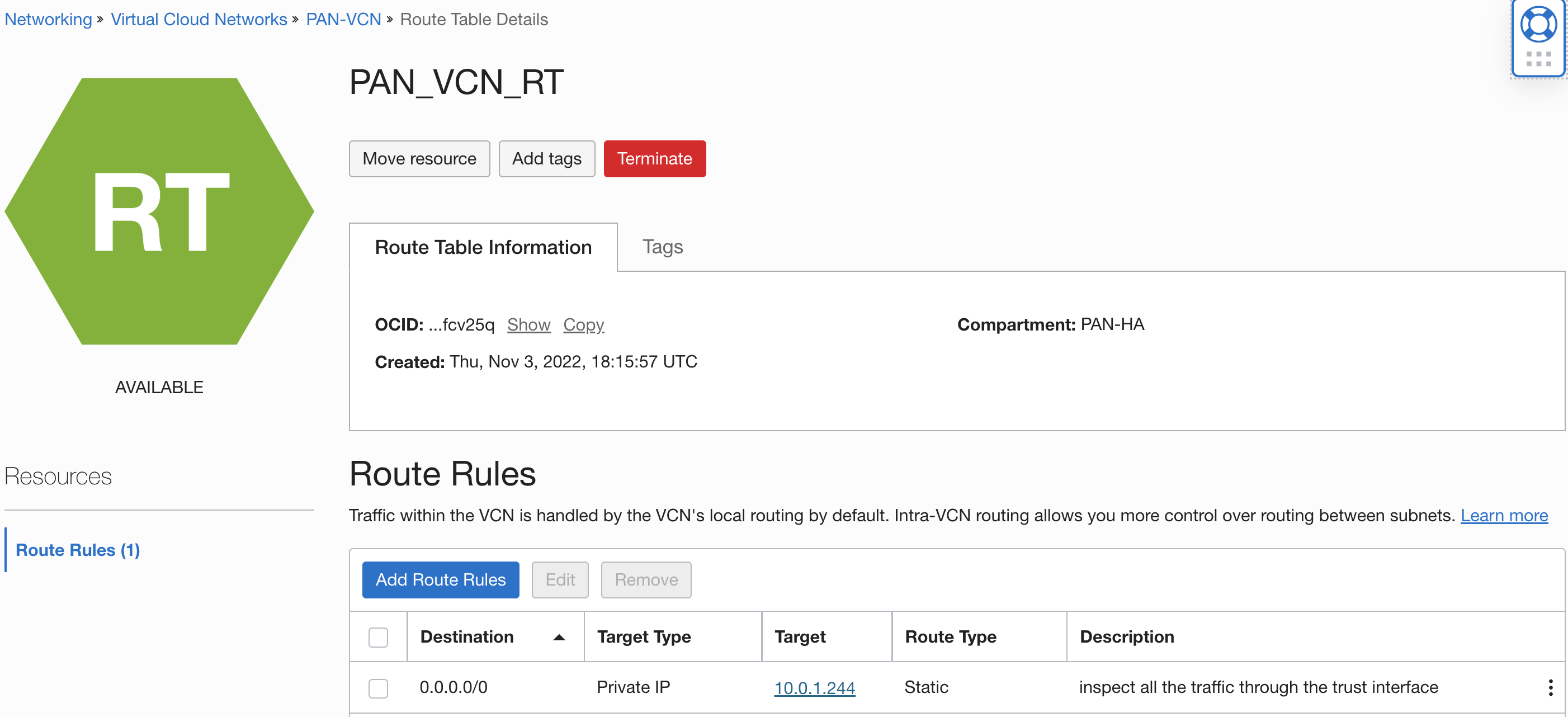 PAN-VCN Route Table