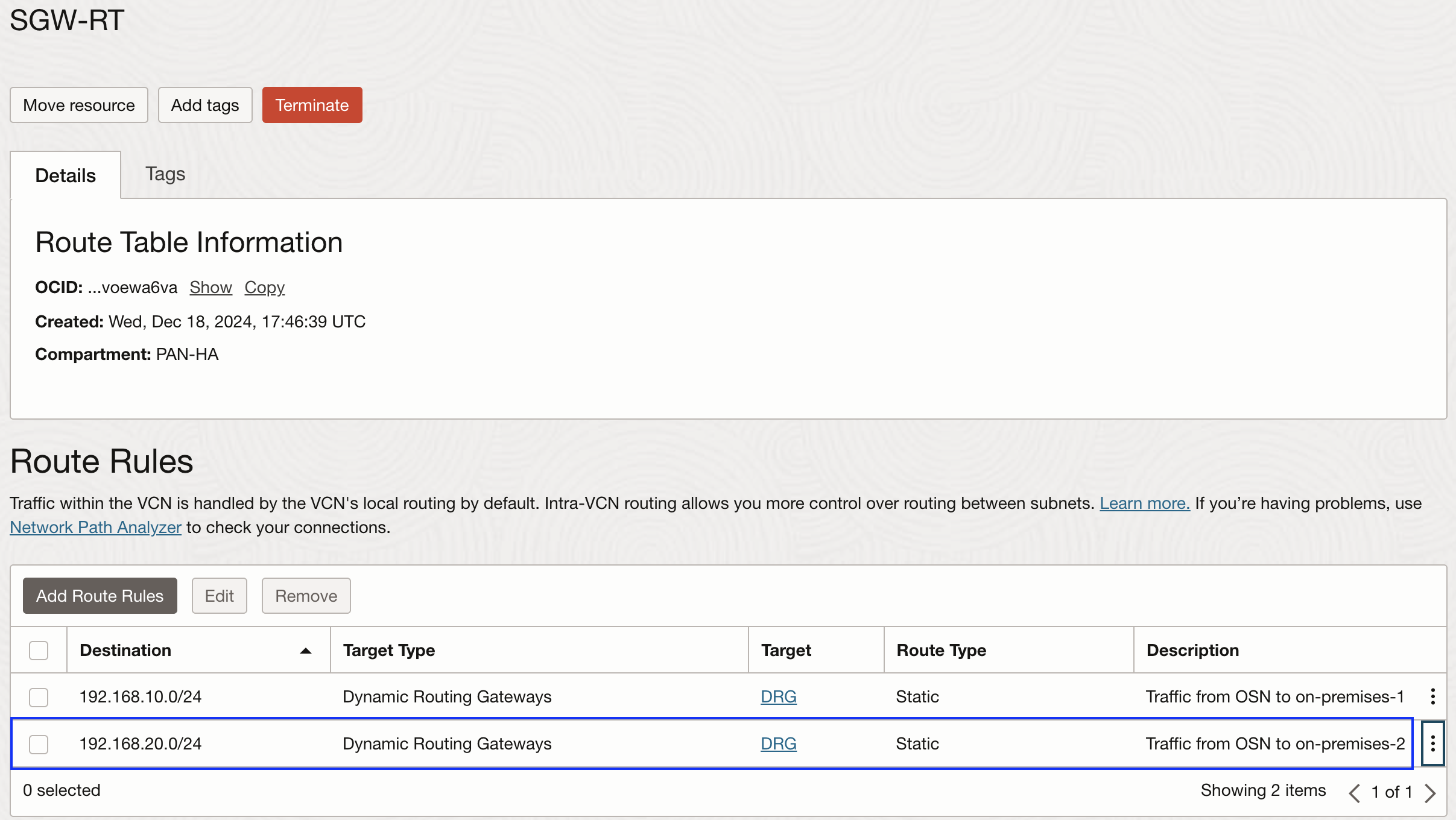 service gateway route table