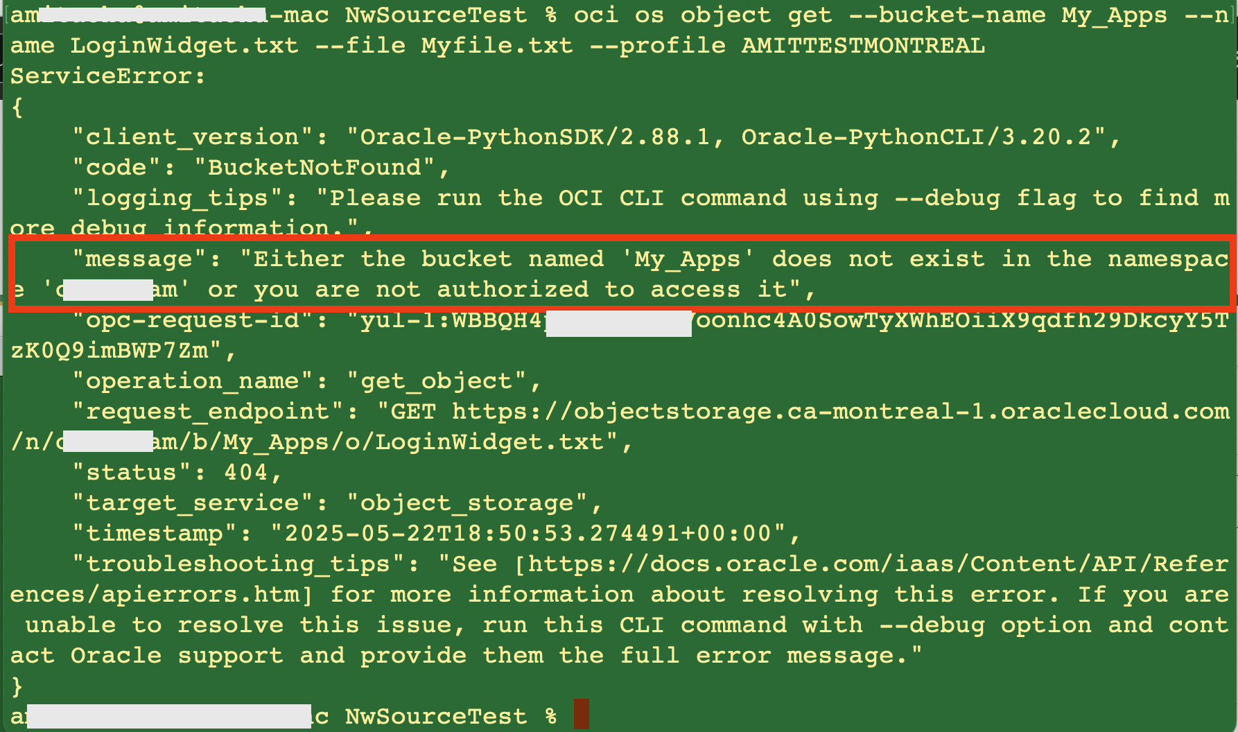 Object Storage bucket access failure