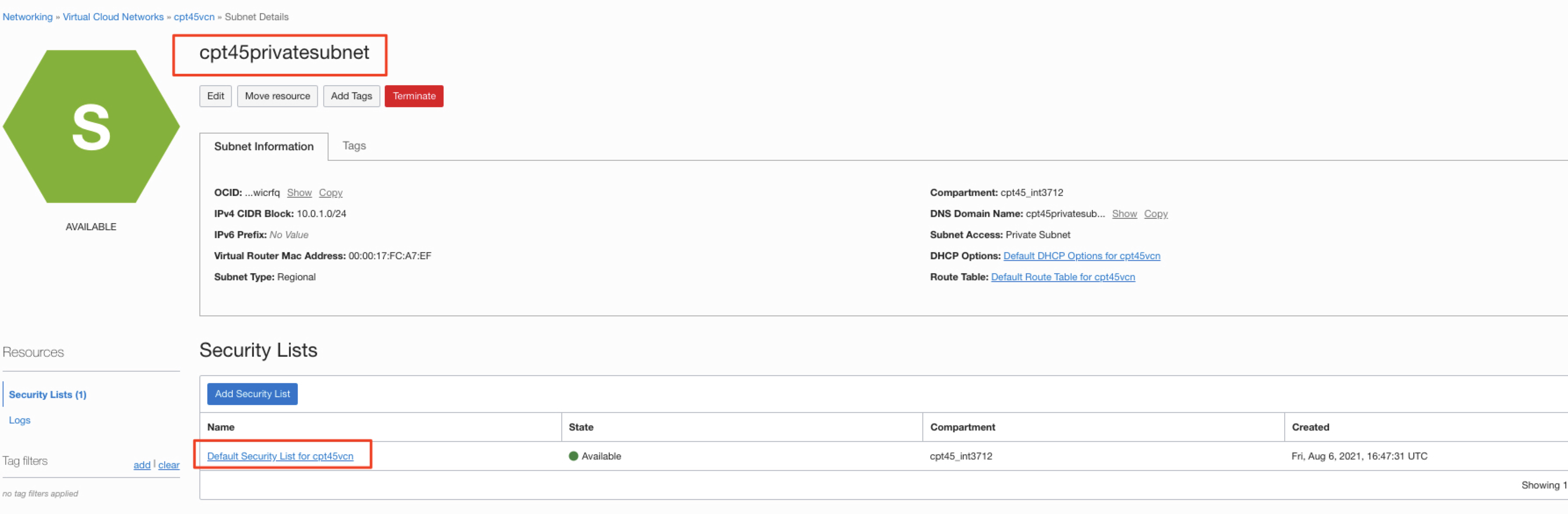 VM-727-07 - private subnet sec list
