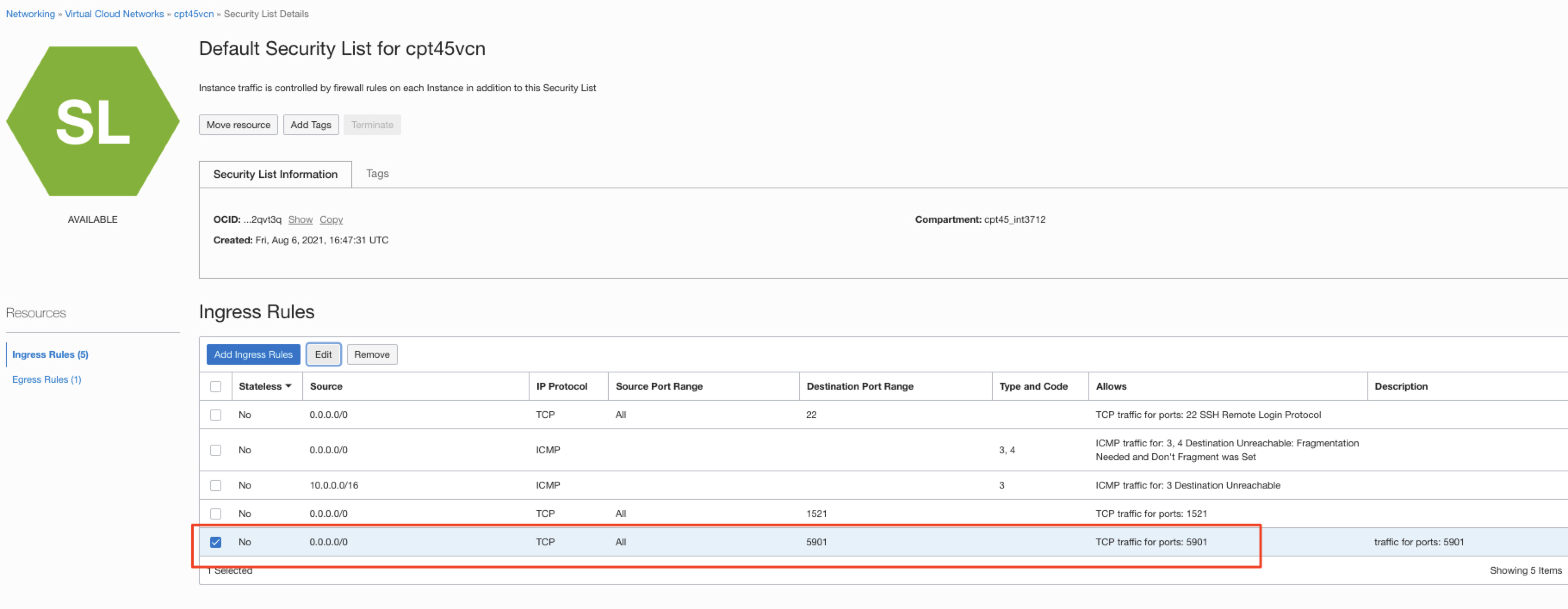 VM-727-08 - private subnet sec list ingress rule