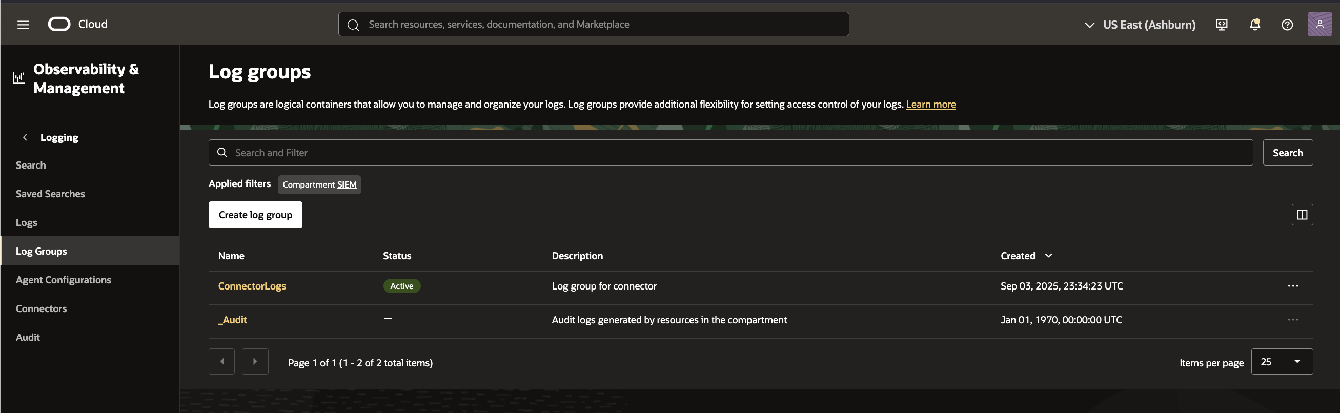 Loation of default audit log group