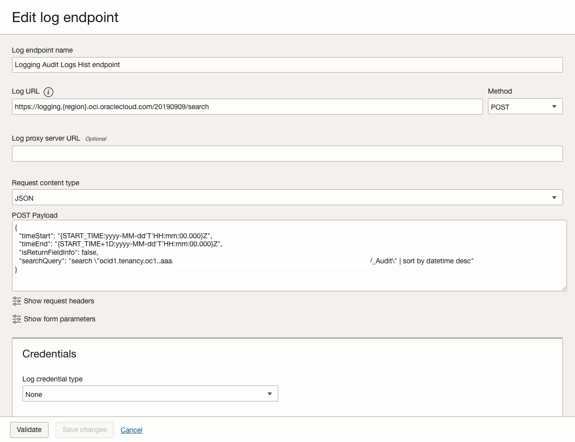 Figure 4-1: Configure the OCI Audit historical log endpoint settings