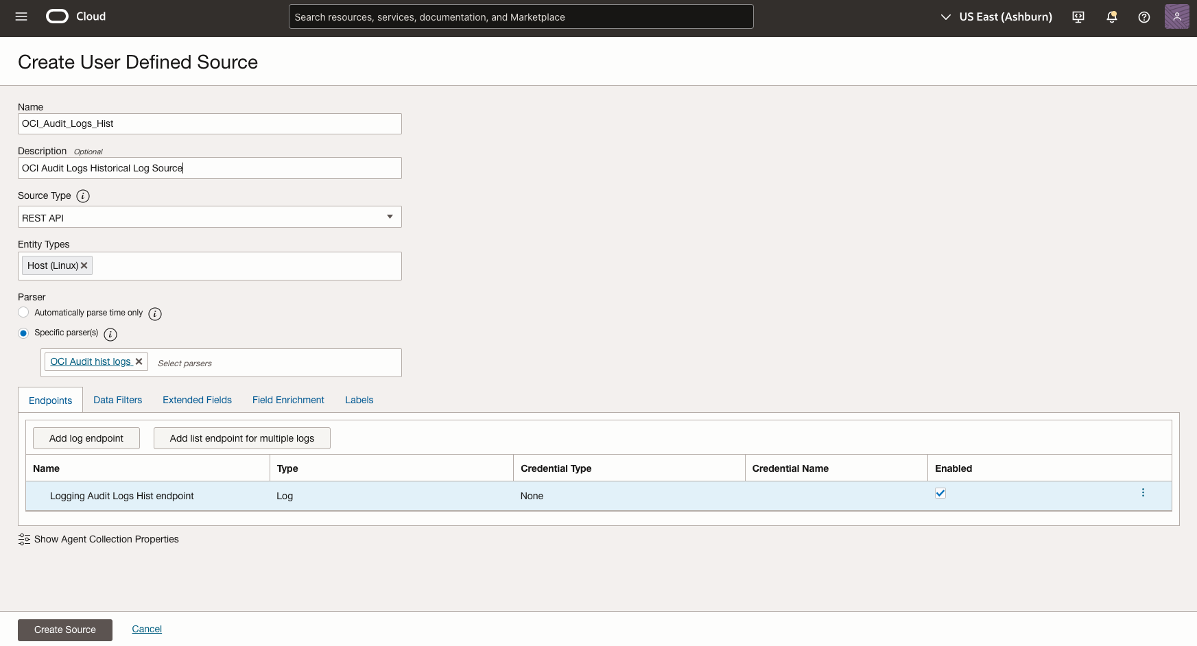Figure 3: Review the OCI Audit historical log source configuration settings