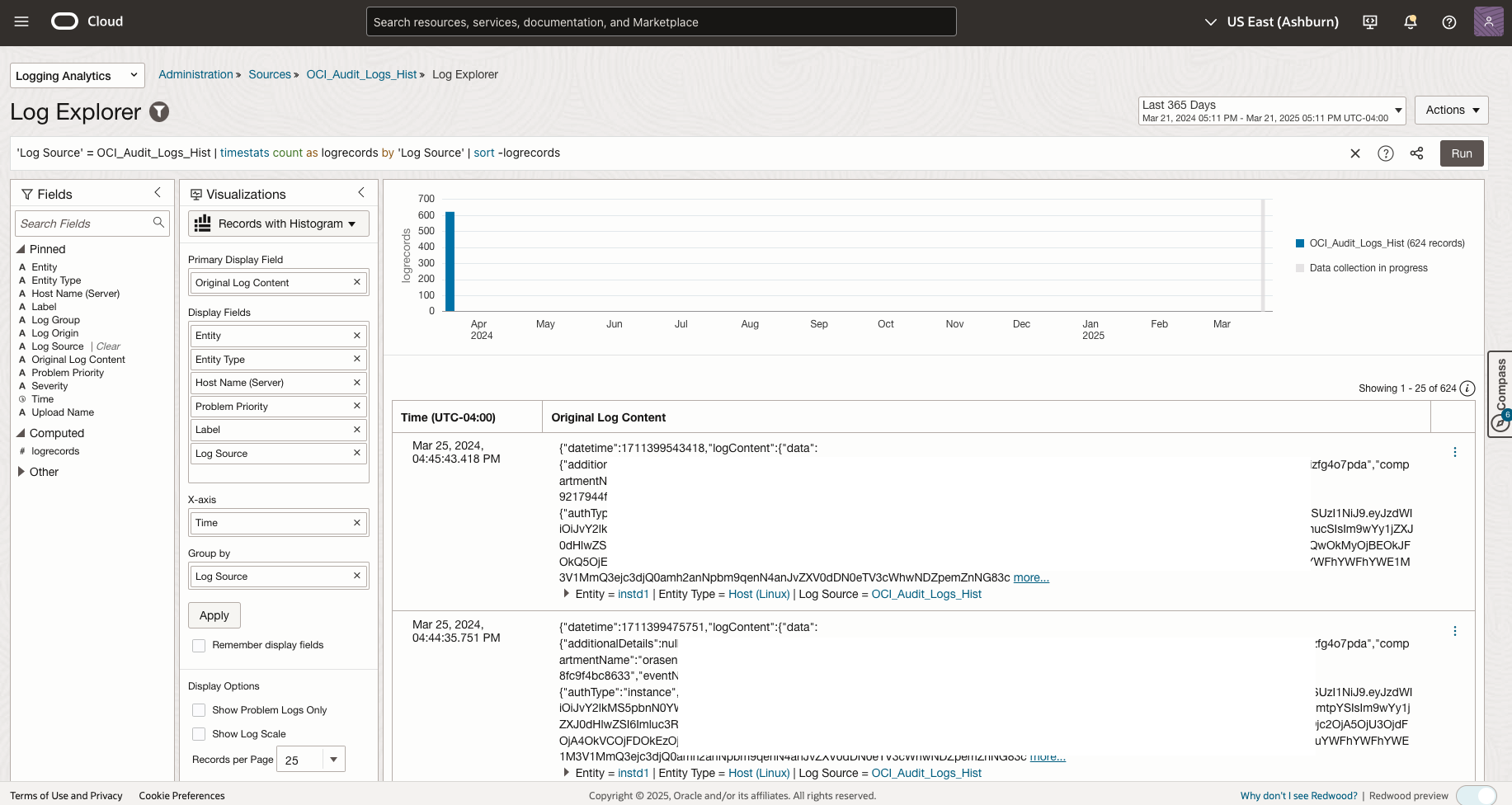 Figure 7: Verify successful ingestion of historical OCI audit logs via REST API into Logging Analytics using Log Explorer query