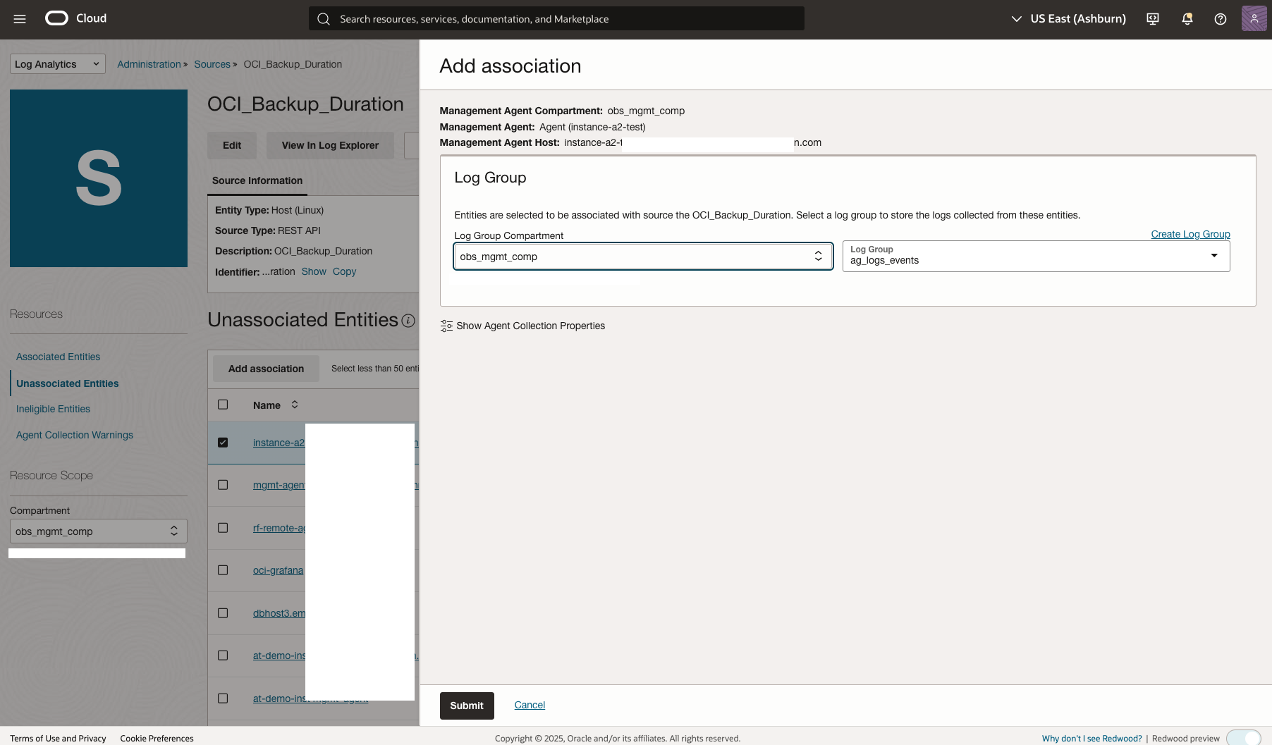 Figure 7: Associate the Management Agent host entity with the OCI_Backup_Duration log source and configure log group
