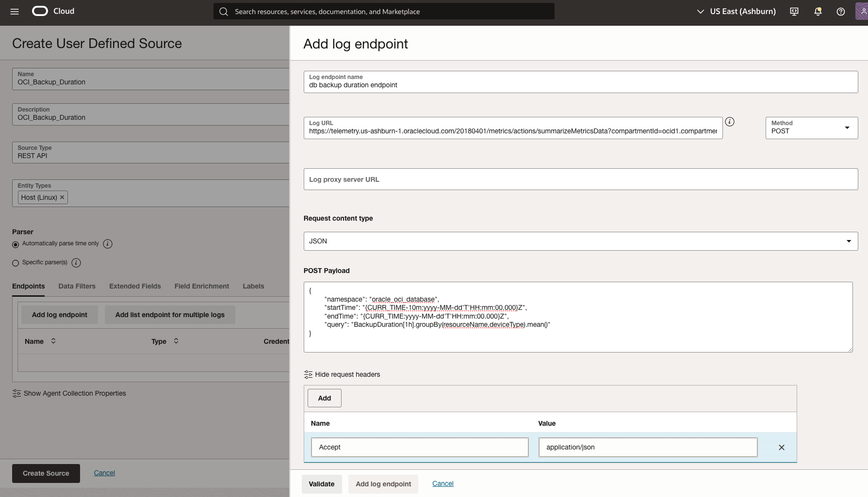 Figure 4: Configure the OCI Backup Duration logs source settings