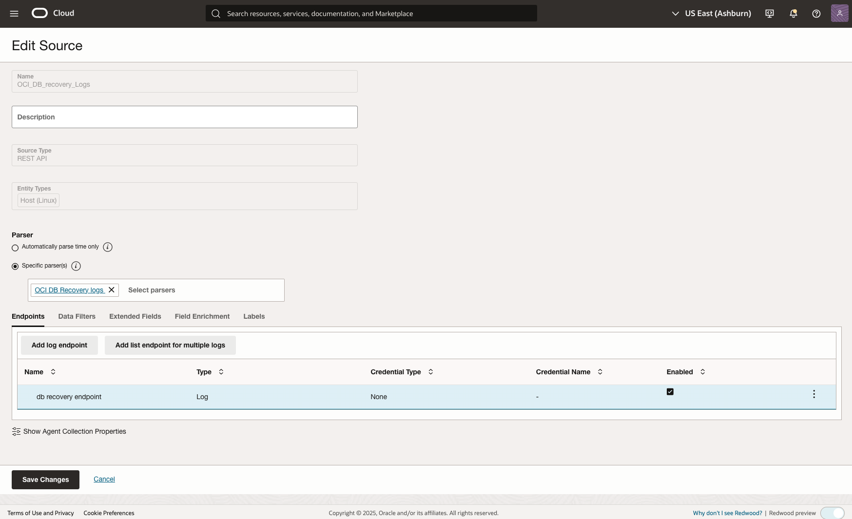 Figure 5: Configure the OCI DB recovery logs source settings