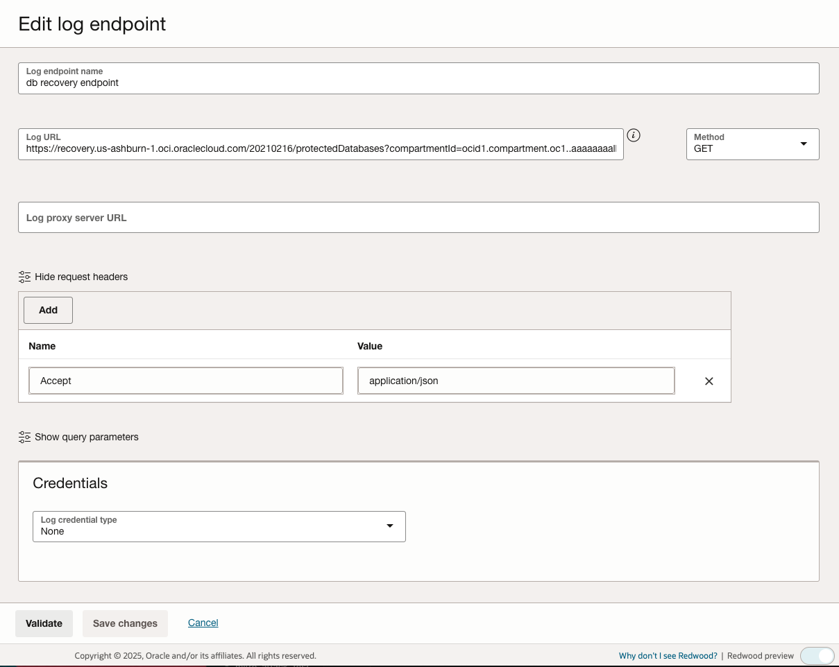Figure 6: Configure the OCI DB recovery logs source settings