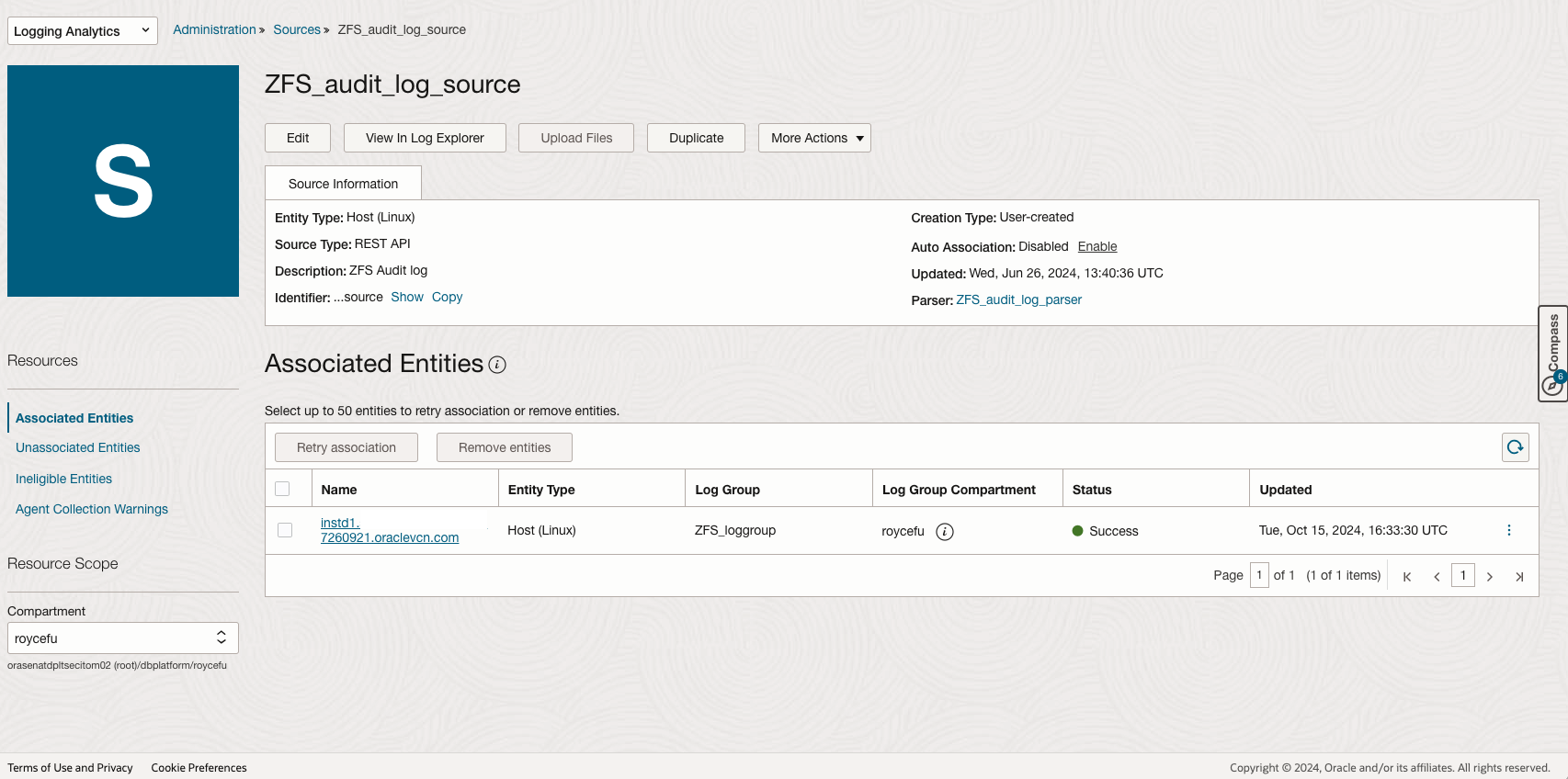 Logging Analytics Log Source association for the Host Linux Entity