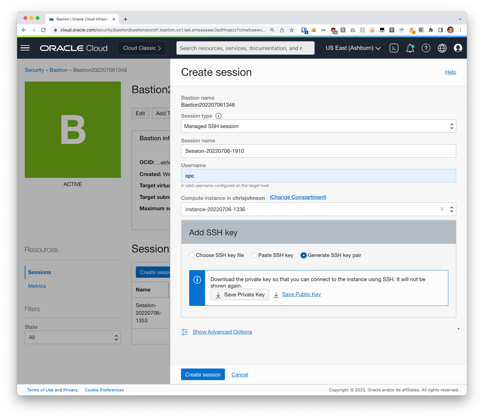 Create a bastion session