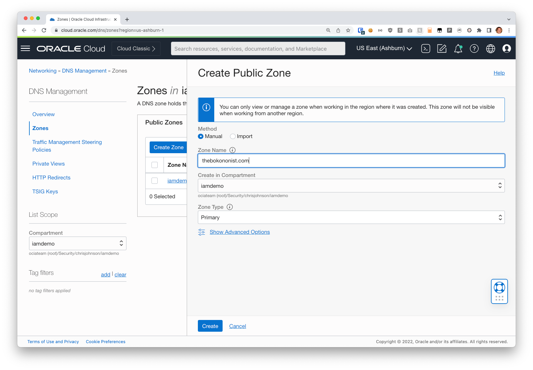Create the Zone in OCI DNS
