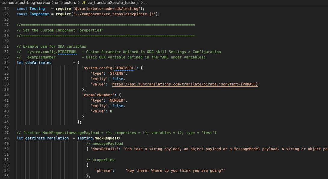 Oracle Digital Assistant (ODA) Component Service Testing via Node.js