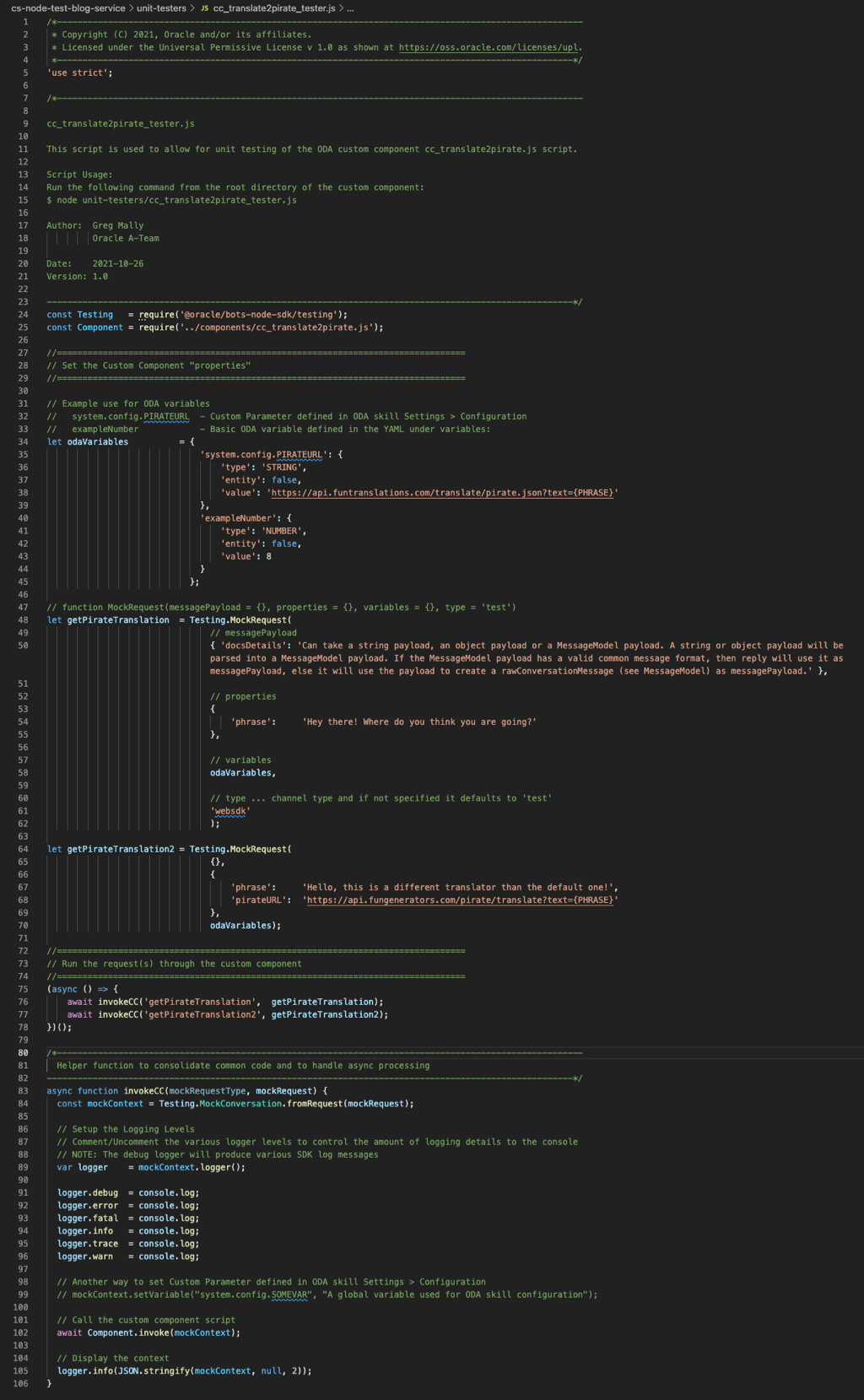 Custom Component Node.js Test Script
