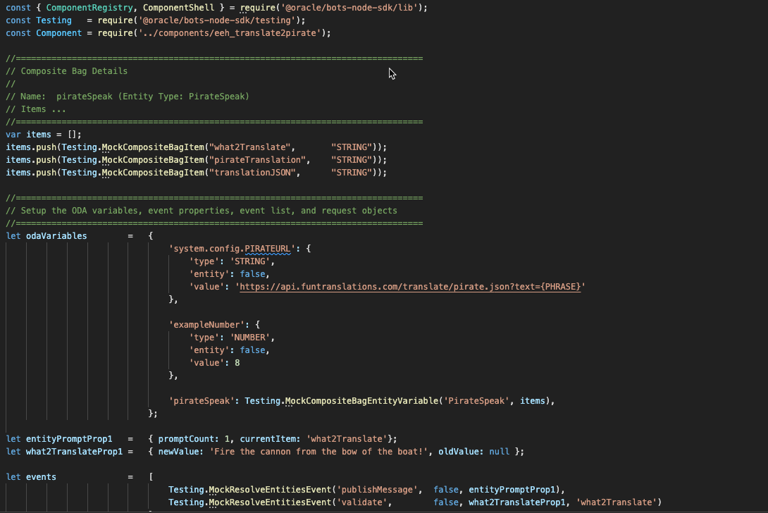 Oracle Digital Assistant (ODA) Entity Event Handler Testing via Node.js