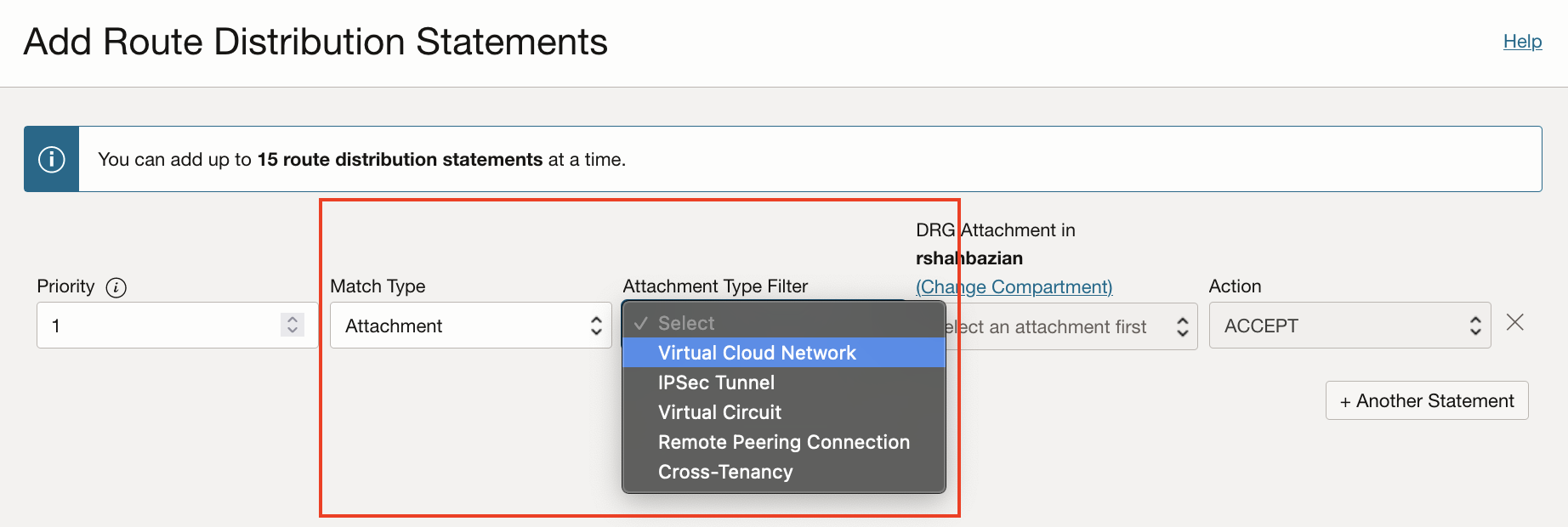 Route Distribution Statement: Match Type of Attachment