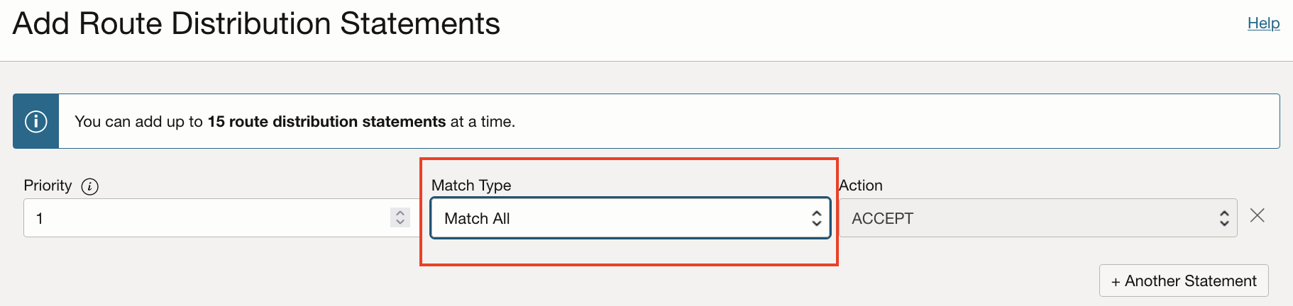 Route Distribution Statement: Match Type of Match All